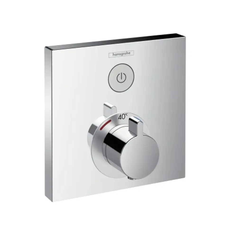 Thermostat von Hansgrohe mit einem runden Drehknopf zur Temperatureinstellung und einem Ein/Aus-Knopf auf einer verchromten Oberfläche.